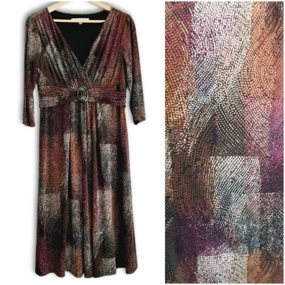 EVAN PICONE | Midi Length Surplice V-Neck Soft Stretchy Dress Abstract Print 10